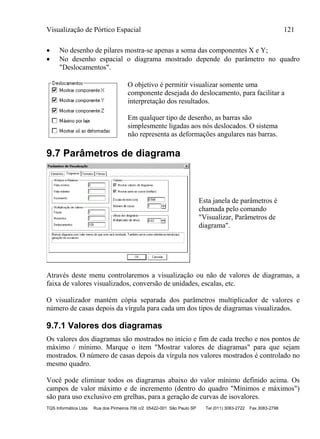 Visualização de Pórtico Espacial 121
TQS Informática Ltda Rua dos Pinheiros 706 c/2 05422-001 São Paulo SP Tel (011) 3083-2722 Fax 3083-2798
 No desenho de pilares mostra-se apenas a soma das componentes X e Y;
 No desenho espacial o diagrama mostrado depende do parâmetro no quadro
"Deslocamentos".
O objetivo é permitir visualizar somente uma
componente desejada do deslocamento, para facilitar a
interpretação dos resultados.
Em qualquer tipo de desenho, as barras são
simplesmente ligadas aos nós deslocados. O sistema
não representa as deformações angulares nas barras.
9.7 Parâmetros de diagrama
Esta janela de parâmetros é
chamada pelo comando
"Visualizar, Parâmetros de
diagrama".
Através deste menu controlaremos a visualização ou não de valores de diagramas, a
faixa de valores visualizados, conversão de unidades, escalas, etc.
O visualizador mantém cópia separada dos parâmetros multiplicador de valores e
número de casas depois da vírgula para cada um dos tipos de diagramas visualizados.
9.7.1 Valores dos diagramas
Os valores dos diagramas são mostrados no início e fim de cada trecho e nos pontos de
máximo / mínimo. Marque o item "Mostrar valores de diagramas" para que sejam
mostrados. O número de casas depois da vírgula nos valores mostrados é controlado no
mesmo quadro.
Você pode eliminar todos os diagramas abaixo do valor mínimo definido acima. Os
campos de valor máximo e de incremento (dentro do quadro "Mínimos e máximos")
são para uso exclusivo em grelhas, para a geração de curvas de isovalores.
 