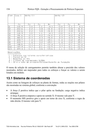 154 Pórtico-TQS - Geração e Processamento de Pórticos Espaciais
TQS Informática Ltda Rua dos Pinheiros 706 c/2 05422-001 São Paulo SP Tel (011) 3083-2722 Fax 3083-2798
O menu de seleção de carregamentos permite também alterar a precisão dos valores
mostrados, definir um majorador para todos os esforços e forçar os valores a serem
listados em módulo.
13.1 Sistema de coordenadas
Assim como na listagem de esforços na planta de formas, todas as reações nos pilares
são mostradas no sistema global, conforme a convenção:
 A força Z positiva indica que o pilar apóia na fundação; carga negativa indica
arranque.
 A força X positiva empurra o apoio no sentido X. O mesmo vale para Y.
 O momento MX positivo gira o apoio em torno do eixo X, conforme a regra da
mão direita. O mesmo vale para Y.
 
