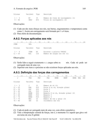 A. Formato do arquivo .POR 169
TQS Informática Ltda Rua dos Pinheiros 706 c/2 05422-001 São Paulo SP Tel (011) 3083-2722 Fax 3083-2798
Colunas Variável Tipo Descrição
1 - 5 KC I5 Número de ítens de carregamento (1)
9 - 80 OBS2 A72 Título do carregamento (2)
Observações:
(1) Cada um dos itens (forças nos nós, nas barras, engastamentos e temperatura) conta
como 1. Assim um carregamento será formado por 1 a 4 itens.
(2) Para efeito de documentação.
A.9.2. Forças aplicadas aos nós
....+...10....+...20....+...30....+...40....+...50....+...60....+...70....+...80
ITEM NJL
Colunas Variável Tipo Descrição
1 - 6 ITEM A6 Escrever a palavra FORCAS
11 - 20 NJL I10 Número de cargas nos nós (1)
Observações:
(1) Serão lidos a seguir exatamente NJL cargas sobre os nós. Cada nó pode ser
carregado mais de uma vez.
(2) Suprimir este item e o próximo se não existirem forças aplicadas aos nós.
A.9.3. Definição das forças dos carregamentos
....+...10....+...20....+...30....+...40....+...50....+...60....+...70....+...80
J FAX FAY FAZ MOMX MOMY MOMZ NEG INC
Colunas Variável Tipo Descrição
1 - 5 J I5 Número do nó (1)
11 - 20 FAX F10 Força X no nó, direção global
21 - 30 FAY F10 Força Y
31 - 40 FAZ F10 Força Z
41 - 50 MOMX F10 Momento X no nó, direção global (2)
51 - 60 MOMY F10 Momento Y
61 - 70 MOMZ F10 Momento Z
71 - 75 NEG I5 Número de nós a gerar (3)
76 - 80 INC I5 Incremento dos nós
Observações:
(1) Cada nó pode ser carregado mais de uma vez, com efeito cumulativo.
(2) Vale a interpretação vetorial de forças, isto é, o momento X é aquele que gira o nó
em torno do eixo X global.
 