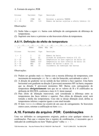A. Formato do arquivo .POR 173
TQS Informática Ltda Rua dos Pinheiros 706 c/2 05422-001 São Paulo SP Tel (011) 3083-2722 Fax 3083-2798
Colunas Variável Tipo Descrição
1 - 6 ITEM A6 Escrever a palavra TEMPER
11 - 20 NTL I10 Número de barras sujeitas a efeito térmico (1)
Observações:
(1) Serão lidas a seguir NTL barras com definição do carregamento de diferença de
temperaturas.
(2) Suprimir este item e o próximo se não houverem efeitos de temperatura.
A.9.11. Definição do efeito de temperatura
....+...10....+...20....+...30....+...40....+...50....+...60....+...70....+...80
I.D TBARS TBARI NEG INC
Colunas Variável Tipo Descrição
1 - 5 I I5 Número da barra
6 D A1 Direção do gradiente térmico Y/Z (2)
11 - 20 TBARS F10 Temperatura na face superior da barra (3)
21 - 30 TBARI F10 Temperatura na face inferior da barra (3)
31 - 35 NEG I5 Número de barras a gerar (1)
36 - 40 INC I5 Incremento de numeração das barras
Observações:
(1) Podem ser geradas mais NEG barras com a mesma diferença de temperatura, com
incremento de numeração INC. Se INC não for fornecido, será adotado o valor 1.
(2) A direção do gradiente vai no sentido da face inferior a face superior. Uma barra
horizontal com gradiente na direção Z provocará momentos MY na barra, enquanto
que na direção Y provocará momentos MZ. Barras com carregamento de
temperatura obrigatoriamente tem que ter os valores de B e H codificados na
definição de SEÇÕES, conforme o item A.5.1 deste manual.
(3) Para efeito de dilatação transversal, será considerada a diferença entre as
temperaturas das faces inferior e superior. Para efeito de dilatação axial, será
tomada a média das temperaturas. Caso não se deseje dilatação axial, defina as
temperaturas inferior e superior iguais e com sinal trocado.
(4) O item TEMPER é o último (se existir) de um caso de carregamento. Se houverem
outros casos, retomar a codificação no item CASO.
A.10. Formato do arquivo .POR: Combinações
Uma vez definidos os carregamentos originais, pode-se criar qualquer número de
combinações. Para que o sistema leia o registro de combinações, é necessário que o
indicador de combinações no item "Dados gerais" valha CB = *.
 