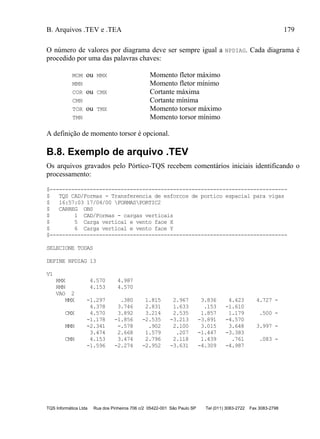 B. Arquivos .TEV e .TEA 179
TQS Informática Ltda Rua dos Pinheiros 706 c/2 05422-001 São Paulo SP Tel (011) 3083-2722 Fax 3083-2798
O número de valores por diagrama deve ser sempre igual a NPDIAG. Cada diagrama é
procedido por uma das palavras chaves:
MOM ou MMX Momento fletor máximo
MMN Momento fletor mínimo
COR ou CMX Cortante máxima
CMN Cortante mínima
TOR ou TMX Momento torsor máximo
TMN Momento torsor mínimo
A definição de momento torsor é opcional.
B.8. Exemplo de arquivo .TEV
Os arquivos gravados pelo Pórtico-TQS recebem comentários iniciais identificando o
processamento:
$-----------------------------------------------------------------------------
$ TQS CAD/Formas - Transferencia de esforcos de portico espacial para vigas
$ 16:57:03 17/04/00 FORMASPORTIC2
$ CARREG OBS
$ 1 CAD/Formas - cargas verticais
$ 5 Carga vertical e vento face X
$ 6 Carga vertical e vento face Y
$-----------------------------------------------------------------------------
SELECIONE TODAS
DEFINE NPDIAG 13
V1
RMX 4.570 4.987
RMN 4.153 4.570
VAO 2
MMX -1.297 .380 1.815 2.967 3.836 4.423 4.727 -
4.378 3.746 2.831 1.633 .153 -1.610
CMX 4.570 3.892 3.214 2.535 1.857 1.179 .500 -
-1.178 -1.856 -2.535 -3.213 -3.891 -4.570
MMN -2.341 -.578 .902 2.100 3.015 3.648 3.997 -
3.474 2.668 1.579 .207 -1.447 -3.383
CMN 4.153 3.474 2.796 2.118 1.439 .761 .083 -
-1.596 -2.274 -2.952 -3.631 -4.309 -4.987
 