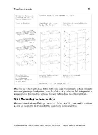 Modelos estruturais 27
TQS Informática Ltda Rua dos Pinheiros 706 c/2 05422-001 São Paulo SP Tel (011) 3083-2722 Fax 3083-2798
-.1
-.1
-.1
-.
1
-.1
-.1
-.1
-.1
-.1
-.
1
-.1
-.1
Subsolo
Terreo
Tipo 1
Tipo n
Cobertura
.7
.7
.7
.7
.6
.6
.6
.6
.7
.7
.7
.7
.6
.6
.6
.6
.7
.7
.7
.7
.7
.7
.7
.7
.7
.7
.7
.7
.7
.7
.7
.7
.7
.7
.7
.7
.7
.7
.7
.7
Esforcos finais de carga vertical
Modelo do Pavimento
Esforcos de partida
Cargas Verticais
Portico espacial com cargas verticais
Vigas / Grelhas Imposicao nas vigas Momentos de desequilibrio
nos PilaresM, Q, MT, Cargas
Momentos com
plastivicacoes
Articulacoes
Momentos impostos
Lajes, etc.
Portico deslocavel
na horizontal
Portico indeslocavel
na horizontal
Do ponto de vista de entrada de dados, tudo o que você precisa fazer é indicar o modelo
estrutural pórtico/grelha/vigas nos dados do edifício. A geração dos dados do pórtico, o
processamento dos modelos e soma de esforços é efetuada de maneira automática.
3.5.2 Momentos de desequilíbrio
Os momentos de desequilíbrio que atuam no pórtico espacial como modelo contínuo
podem ter sua origem de diversas fontes. Veja abaixo alguns exemplos:
 