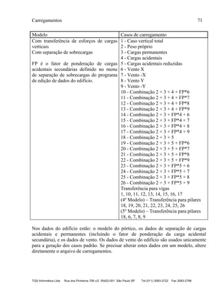 Carregamentos 71
TQS Informática Ltda Rua dos Pinheiros 706 c/2 05422-001 São Paulo SP Tel (011) 3083-2722 Fax 3083-2798
Modelo Casos de carregamento
Com transferência de esforços de cargas
verticais
Com separação de sobrecargas
FP é o fator de ponderação de cargas
acidentais secundárias definido no menu
de separação de sobrecargas do programa
de edição de dados do edifício.
1 - Caso vertical total
2 - Peso próprio
3 - Cargas permanentes
4 - Cargas acidentais
5 - Cargas acidentais reduzidas
6 - Vento X
7 - Vento -X
8 - Vento Y
9 - Vento -Y
10 - Combinação 2 + 3 + 4 + FP*6
11 - Combinação 2 + 3 + 4 + FP*7
12 - Combinação 2 + 3 + 4 + FP*8
13 - Combinação 2 + 3 + 4 + FP*9
14 - Combinação 2 + 3 + FP*4 + 6
15 - Combinação 2 + 3 + FP*4 + 7
16 - Combinação 2 + 3 + FP*4 + 8
17 - Combinação 2 + 3 + FP*4 + 9
18 - Combinação 2 + 3 + 5
19 - Combinação 2 + 3 + 5 + FP*6
20 - Combinação 2 + 3 + 5 + FP*7
21 - Combinação 2 + 3 + 5 + FP*8
22 - Combinação 2 + 3 + 5 + FP*9
23 - Combinação 2 + 3 + FP*5 + 6
24 - Combinação 2 + 3 + FP*5 + 7
25 - Combinação 2 + 3 + FP*5 + 8
26 - Combinação 2 + 3 + FP*5 + 9
Transferência para vigas
1, 10, 11, 12, 13, 14, 15, 16, 17
(4º Modelo) – Transferência para pilares
18, 19, 20, 21, 22, 23, 24, 25, 26
(5º Modelo) – Transferência para pilares
18, 6, 7, 8, 9
Nos dados do edifício estão: o modelo do pórtico, os dados de separação de cargas
acidentais e permanentes (incluindo o fator de ponderação da carga acidental
secundária), e os dados de vento. Os dados de vento do edifício são usados unicamente
para a geração dos casos padrão. Se precisar alterar estes dados em um modelo, altere
diretamente o arquivo de carregamentos.
 