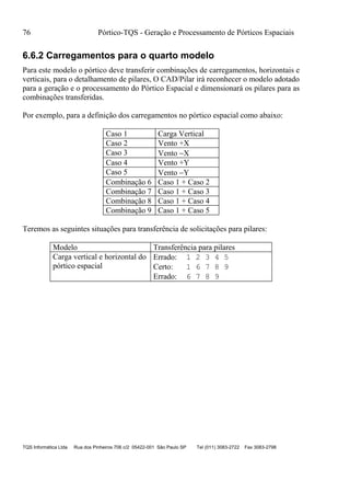 76 Pórtico-TQS - Geração e Processamento de Pórticos Espaciais
TQS Informática Ltda Rua dos Pinheiros 706 c/2 05422-001 São Paulo SP Tel (011) 3083-2722 Fax 3083-2798
6.6.2 Carregamentos para o quarto modelo
Para este modelo o pórtico deve transferir combinações de carregamentos, horizontais e
verticais, para o detalhamento de pilares, O CAD/Pilar irá reconhecer o modelo adotado
para a geração e o processamento do Pórtico Espacial e dimensionará os pilares para as
combinações transferidas.
Por exemplo, para a definição dos carregamentos no pórtico espacial como abaixo:
Caso 1 Carga Vertical
Caso 2 Vento +X
Caso 3 Vento X
Caso 4 Vento +Y
Caso 5 Vento Y
Combinação 6 Caso 1 + Caso 2
Combinação 7 Caso 1 + Caso 3
Combinação 8 Caso 1 + Caso 4
Combinação 9 Caso 1 + Caso 5
Teremos as seguintes situações para transferência de solicitações para pilares:
Modelo Transferência para pilares
Carga vertical e horizontal do
pórtico espacial
Errado: 1 2 3 4 5
Certo: 1 6 7 8 9
Errado: 6 7 8 9
 