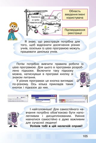 105
Я знаю, що реєстрація потрібна для
того, щоб відрізнити досягнення різних
учнів, оскільки із цією програмою можуть
працювати декілька учнів.
Потім потрібно вивчити правила роботи із
цією програмою. Для цього в програмах розроб­
лено підказки. Включити таку підказку
можна, натиснувши в програмі кнопку зі
знаком питання.
У різних програмах ця кнопка виглядає
по­різному. Ось кілька прикладів таких
кнопок і підказок до них.
І найголовніше! Для самостійного на­
вчання потрібно обов’язково бути напо­
легливим і дисциплінованим. Уміння
навчатися самостійно є дуже важливим
для сучасної людини!
Успіхів тобі в цій нелегкій справі!
Область
введення імені
користувача
Підтвердження
реєстрації
 