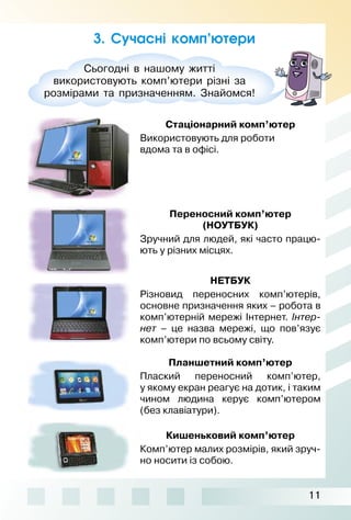 11
3. Сучасні комп’ютери
Стаціонарний комп’ютер
Використовують для роботи
вдома та в офісі.
Переносний комп’ютер
(НОУТБУК)
Зручний для людей, які часто працю­
ють у різних місцях.
НЕТБУК
Різновид переносних комп’ютерів,
основне призначення яких – робота в
комп’ютерній мережі Інтернет. Інтер-
нет – це назва мережі, що пов’язує
комп’ютери по всьому світу.
Планшетний комп’ютер
Плаский переносний комп’ютер,
у якому екран реагує на дотик, і таким
чином людина керує комп’ютером
(без клавіатури).
Кишеньковий комп’ютер
Комп’ютер малих розмірів, який зруч­
но носити із собою.
Сьогодні в нашому житті
використовують комп’ютери різні за
розмірами та призначенням. Знайомся!
 