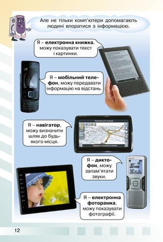 12
Я – електронна книжка,
можу показувати текст
і картинки.
Але не тільки комп’ютери допомагають
людині впоратися з інформацією.
Я – мобільний теле-
фон, можу передавати
інформацію на відстань.
Я – навігатор,
можу визначити
шлях до будь­
якого місця.
Я – дикто-
фон, можу
запам’ятати
звуки.
Я – електронна
фоторамка,
можу показувати
фотографії.
 