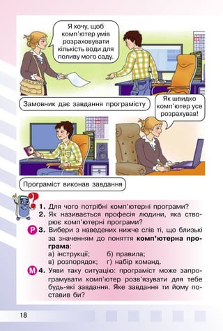 18
1.  Для чого потрібні комп’ютерні програми?
2.  Як називається професія людини, яка ство­
рює комп’ютерні програми?
3.  Вибери з наведених нижче слів ті, що близькі
за значенням до поняття комп’ютерна про-
грама:
	 а) інструкції;	 б) правила;
	 в) розпорядок;	 г) набір команд.
4.  Уяви таку ситуацію: програміст може запро­
грамувати комп’ютер розв’язувати для тебе
будь-які завдання. Яке завдання ти йому по­
ставив би?
Я хочу, щоб
комп’ютер умів
розраховувати
кількість води для
поливу мого саду.
Замовник дає завдання програмісту
Програміст виконав завдання
Як швидко
комп’ютер усе
розрахував!
 