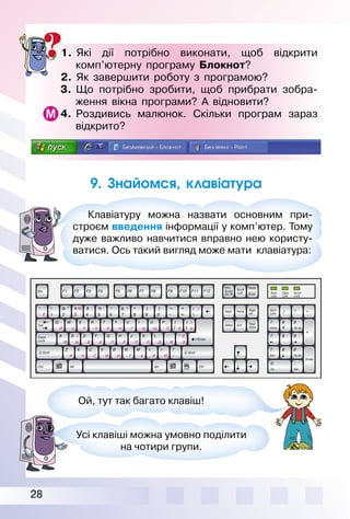 28
1. Які дії потрібно виконати, щоб відкрити
комп’ютерну програму Блокнот?
2. Як завершити роботу з програмою?
3. Що потрібно зробити, щоб прибрати зобра­
ження вікна програми? А відновити?
4. Роздивись малюнок. Скільки програм зараз
відкрито?
Клавіатуру можна назвати основним при­
строєм введення інформації у комп’ютер. Тому
дуже важливо навчитися вправно нею користу­
ватися. Ось такий вигляд може мати клавіатура:
9. Знайомся, клавіатура
Ой, тут так багато клавіш!
Усі клавіші можна умовно поділити
на чотири групи.
 