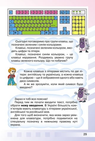 29
Сьогодні поговоримо про групи клавіш, що
позначені зеленим і синім кольорами.
Клавіші, позначені зеленим кольором, вво­
дять цифри та літери.
Клавіші, позначені синім кольором, – це
клавіші керування. Роздивись уважно групу
клавіш зеленого кольору. Що ти побачив?
Кожна клавіша з літерами містить по дві лі­
тери: англійську та українську, а кожна клавіша
із цифрою – ще й зображення одного або навіть
двох символів.
А як же зрозуміти, коли який символ буде
введено?
Зараз я тобі все поясню!
Перед тим як почати вводити текст, потрібно
обрати мову введення. В Україні більшість ком­
п’ютерів мають клавіатуру з літерами української,
англійської та російської мов.
Для того щоб визначити, яка мова зараз увім­
кнена для клавіатури, потрібно подивитися на
спеціальну позначку в нижньому правому куті
екрана.
 