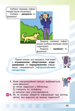 49
Таким чином, усі процеси, пов’язані
з отриманням, зберіганням, опра-
цюванням та передаванням інфор­
мації, називаються інформаційними
процесами.
1. Який інформаційний процес відбувається,
коли Данилко:
а) читає підручник у бібліотеці;
б) говорить по телефону;
в) записує свої спостереження.
2. Як ти можеш зберегти інформацію про вигляд
квітки, яка виросла на твоєму підвіконні?
Собака передає інфор­
мацію (вона погрожує).
Собака – джерело ін­
формації.
Людина отримує інфор­
мацію (собака захищає свою
територію).
Людина – приймач ін­
формації.
 