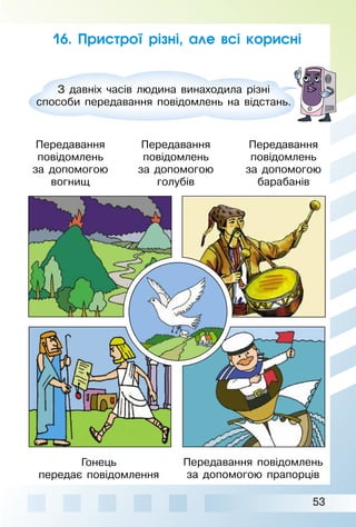 53
16. Пристрої різні, але всі корисні
З давніх часів людина винаходила різні
способи передавання повідомлень на відстань.
Передавання
повідомлень
за допомогою
вогнищ
Передавання
повідомлень
за допомогою
барабанів
Гонець
передає повідомлення
Передавання
повідомлень
за допомогою
голубів
Передавання повідомлень
за допомогою прапорців
 