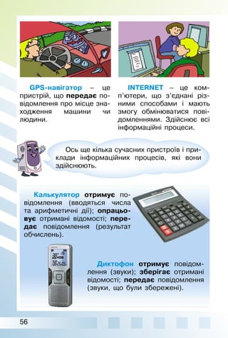 56
GPS-навігатор – це
пристрій, що передає по­
відомлення про місце зна­
ходження машини чи
людини.
Калькулятор отримує по­
відомлення (вводяться числа
та арифметичні дії); опрацьо-
вує отримані відомості; пере-
дає повідомлення (результат
обчислень).
Диктофон отримує повідом­
лення (звуки); зберігає отримані
відомості; передає повідомлення
(звуки, що були збережені).
INTERNET – це ком­
п’ютери, що з’єднані різ­
ними способами і мають
змогу обмінюватися пові­
домленнями. Здійснює всі
інформаційні процеси.
Ось ще кілька сучасних пристроїв і при­
клади інформаційних процесів, які вони
здійснюють.
 
