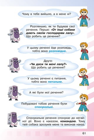 61
Чому в тебе вийшло, а в мене ні?
Розгляньмо, як ти будував свої
речення. Перше: «От інші собаки
дають своїм господарям лапу».
Що робить це речення?
У цьому реченні йде розповідь,
тобто воно розповідне.
Друге:
«Чи даси ти мені лапу?»
Що робить це речення?
У цьому реченні є питання,
тобто воно питальне.
Побудовані тобою речення були
спонукальні.
А які були мої речення?
Спонукальне речення спонукає до негай­
ної дії. Воно є наказом, командою. Тому
твій собака зрозумів мене та виконав наказ.
 