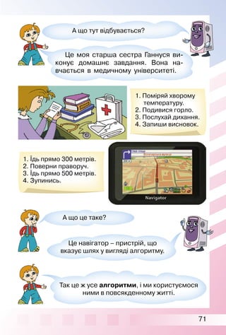 71
А що тут відбувається?
Це моя старша сестра Ганнуся ви­
конує домашнє завдання. Вона на­
вчається в медичному університеті.
1. Поміряй хворому
температуру.
2. Подивися горло.
3. Послухай дихання.
4. Запиши висновок.
Так це ж усе алгоритми, і ми користуємося
ними в повсякденному житті.
А що це таке?
Це навігатор – пристрій, що
вказує шлях у вигляді алгоритму.
1. Їдь прямо 300 метрів.
2. Поверни праворуч.
3. Їдь прямо 500 метрів.
4. Зупинись.
 
