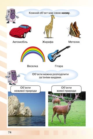 74
Кожний об’єкт має свою назву.
Об’єкти можна розподілити
за їхніми видами.
Автомобіль
Веселка Гітара
Жирафа Метелик
Об’єкти
неживої природи
Об’єкти
живої природи
 