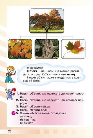 76
Я зрозумів!
Об’єкт – це щось, що можна розгля­
дати як ціле. Об’єкт має свою назву.
І один об’єкт може складатися з кіль­
кох об’єктів.
1. Назви об’єкти, що належать до живої приро­
ди.
2. Назви об’єкти, що належать до неживої при­
роди.
3. Назви об’єкти­явища.
4. Назви об’єкти­події.
5. З яких об’єктів може складатися:
а) ліжко;
б) кофтина;
в) ручка?
 