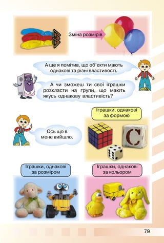 79
А ще я помітив, що об’єкти мають
однакові та різні властивості.
А чи зможеш ти свої іграшки
розкласти на групи, що мають
якусь однакову властивість?
Ось що в
мене вийшло.
Іграшки, однакові
за кольором
Іграшки, однакові
за розміром
Зміна розмірів
Іграшки, однакові
за формою
 