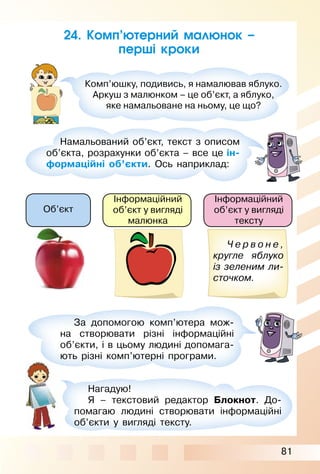 81
24. Комп’ютерний малюнок –
перші кроки
Комп’юшку, подивись, я намалював яблуко.
Аркуш з малюнком – це об’єкт, а яблуко,
яке намальоване на ньому, це що?
Намальований об’єкт, текст з описом
об’єкта, розрахунки об’єкта – все це ін-
формаційні об’єкти. Ось наприклад:
За допомогою комп’ютера мож­
на створювати різні інформаційні
об’єкти, і в цьому людині допомага­
ють різні комп’ютерні програми.
Ч е р в о н е ,
кругле яблуко
із зеленим ли-
сточком.
Об’єкт
Інформаційний
об’єкт у вигляді
малюнка
Інформаційний
об’єкт у вигляді
тексту
Нагадую!
Я – текстовий редактор Блокнот. До­
помагаю людині створювати інформаційні
об’єкти у вигляді тексту.
 