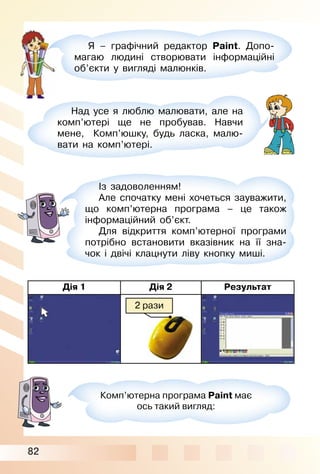 82
Я – графічний редактор Paint. Допо­
магаю людині створювати інформаційні
об’єкти у вигляді малюнків.
Над усе я люблю малювати, але на
комп’ютері ще не пробував. Навчи
мене, Комп’юшку, будь ласка, малю­
вати на комп’ютері.
Із задоволенням!
Але спочатку мені хочеться зауважити,
що комп’ютерна програма – це також
інформаційний об’єкт.
Для відкриття комп’ютерної програми
потрібно встановити вказівник на її зна­
чок і двічі клацнути ліву кнопку миші.
Дія 1 Дія 2 Результат
2 рази
Комп’ютерна програма Paint має
ось такий вигляд:
 
