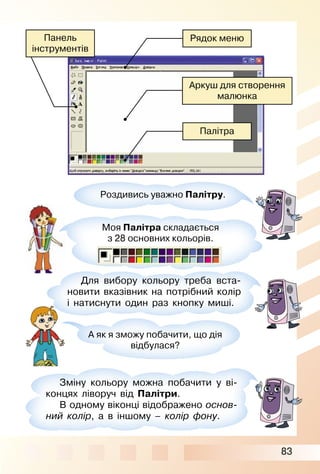 83
Аркуш для створення
малюнка
Панель
інструментів
Рядок меню
Палітра
Роздивись уважно Палітру.
Моя Палітра складається
з 28 основних кольорів.
Для вибору кольору треба вста­
новити вказівник на потрібний колір
і натиснути один раз кнопку миші.
А як я зможу побачити, що дія
відбулася?
Зміну кольору можна побачити у ві­
концях ліворуч від Палітри.
В одному віконці відображено основ-
ний колір, а в іншому – колір фону.
 