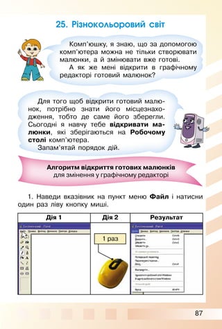 87
25. Різнокольоровий світ
Комп’юшку, я знаю, що за допомогою
комп’ютера можна не тільки створювати
малюнки, а й змінювати вже готові.
А як же мені відкрити в графічному
редакторі готовий малюнок?
Для того щоб відкрити готовий малю­
нок, потрібно знати його місцезнахо­
дження, тобто де саме його зберегли.
Сьогодні я навчу тебе відкривати ма-
люнки, які зберігаються на Робочому
столі комп’ютера.
Запам’ятай порядок дій.
Алгоритм відкриття готових малюнків
для змінення у графічному редакторі
1. Наведи вказівник на пункт меню Файл і натисни
один раз ліву кнопку миші.
Дія 1 Дія 2 Результат
1 раз
 