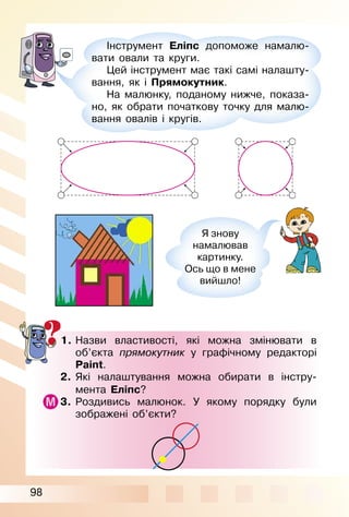 98
Інструмент Еліпс допоможе намалю­
вати овали та круги.
Цей інструмент має такі самі налашту­
вання, як і Прямокутник.
На малюнку, поданому нижче, показа­
но, як обрати початкову точку для малю­
вання овалів і кругів.
1. Назви властивості, які можна змінювати в
об’єкта прямокутник у графічному редакторі
Paint.
2. Які налаштування можна обирати в інстру­
мента Еліпс?
3. Роздивись малюнок. У якому порядку були
зображені об’єкти?
Я знову
намалював
картинку.
Ось що в мене
вийшло!
 
