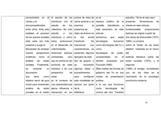 pluriactividad     en   el el estudio de los puntos de vista de en el                                           estudios. Tal es el caso aquí
campo y la                 individuos    con     el varios autores y se espacio           público    de     la presentar.      Dimensiones            de
etnocompetitividad,        estudio      de      los examina               la pantalla.     Atendiendo       a interés en este artículo,
entre otros. Ante esta colectivos. No solo presencia de                      este escenario, en este fundamentales                   proposiciones
realidad, el accionar estudia            a      los clubs de lectura en artículo                                teóricas se originó a partir de
de los actores sociales individuos y cómo la               red     social animamos            que        estas dos obras de Granovetter (1973,
está cada vez más estos              evolucionan Facebook.               Se tecnologías            funcionan 1985). La primera
presente y surge la        en el desarrollo de mencionan                 sus como tecnologías del Yo y sobre el "poder de los lazos
Necesidad de emplear colectividades                 características, se como                                    débiles", insertada en el marco
nuevas        perspectivas dinámicas     siempre presentan algunos tecnologías                de      poder, del
analíticas,     como    el cambiantes,         sino ejemplos de este         comprendidas           en      el extensa      literatura        sobre   las
análisis      de    redes que se centra en las tipo de grupos, y sentido                  propuesto       por redes sociales (1973), y el
sociales.     Finalmente, acciones de cada se                 enumeran Foucault (1990).                         segundo
se       propone        un individuo y da una algunas            ideas     y Ellas median las formas de (1985), el arraigo, considerado
documento                  perspectiva          de procedimientos            gobierno del Yo en sus uno                de    los    hitos        en    el
que        tiene    como estas                      para      configurar modos           de   presentación nacimiento          de   la        sociología
objetivo servir de guía en el contexto de esta modalidad de pública,                                            económica moderna.
inicial para emprender una colectividad que servicio por parte a la vez que funcionan
análisis      de    redes ejerce influencia e de la                          como        tecnologías       de
sociales en el medio interacción en los biblioteca.                          control del otro. También



                                                                                                                                         25
 