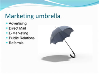 Marketing umbrella Advertising Direct Mail E-Marketing Public Relations Referrals 