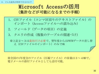 Microsoft Accessの活用
（集計などが可能になるまでの手順）
35
1. CSVファイル（コンマ区切りのテキストファイル）の
インポート（Accessファイルへの読み込み）
2. フィールド（データの項目）の定義
3. クエリの作成（複数のテーブルの関連づけ）
※上記２～３は最初だけ必要で、翌年度からはPRTRデータの差し替
え（CSVファイルのインポート）のみでOK
※全国の1年度分のファイル（圧縮ファイル）の容量は３～４MBで、
電子メールの添付ファイルとしても送付可能。
３．どんな道具が利用できるのか？
 