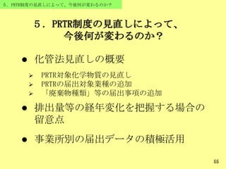 ５．PRTR制度の見直しによって、
今後何が変わるのか？
５．PRTR制度の見直しによって、今後何が変わるのか？
55
 化管法見直しの概要
 PRTR対象化学物質の見直し
 PRTRの届出対象業種の追加
 「廃棄物種類」等の届出事項の追加
 排出量等の経年変化を把握する場合の
留意点
 事業所別の届出データの積極活用
 