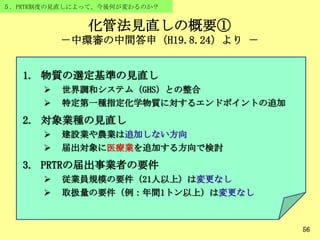 化管法見直しの概要①
－中環審の中間答申（H19.8.24）より －
56
５．PRTR制度の見直しによって、今後何が変わるのか？
1. 物質の選定基準の見直し
 世界調和システム（GHS）との整合
 特定第一種指定化学物質に対するエンドポイントの追加
2. 対象業種の見直し
 建設業や農業は追加しない方向
 届出対象に医療業を追加する方向で検討
3. PRTRの届出事業者の要件
 従業員規模の要件（21人以上）は変更なし
 取扱量の要件（例：年間1トン以上）は変更なし
 