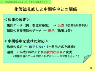 61
５．PRTR制度の見直しによって、今後何が変わるのか？
化管法見直しと中間答申との関係
＜法律の規定＞
集計データ（例：都道府県別） → 公表（法第8条第4項）
個別の事業所別のデータ → 開示（法第11条）
＜中間答申を受けた対応＞
法律の規定 → 改正しない（＝開示方式を継続）
運用 → 平成21年2月より実質的な公表に変更
（※開示用のデータがHPよりダウンロード可能となった）
 