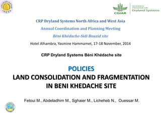 CRP Dryland Systems Béni Khédache site
CRP Dryland Systems North Africa and West Asia
Annual Coordination and Planning Meeting
Béni Khédache-Sidi Bouzid site
Hotel Alhambra, Yasmine Hammamet, 17-18 November, 2014
Fetoui M., Abdeladhim M., Sghaier M., Licheheb N., Ouessar M.
POLICIES
LAND CONSOLIDATION AND FRAGMENTATION
IN BENI KHEDACHE SITE
 