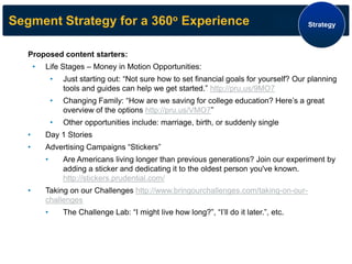 Segment Strategy for a 360o Experience 
Proposed content starters: 
•Life Stages – Money in Motion Opportunities: 
•Just starting out: “Not sure how to set financial goals for yourself? Our planning tools and guides can help we get started.” http://pru.us/9MO7 
•Changing Family: “How are we saving for college education? Here’s a great overview of the options http://pru.us/VMO7” 
•Other opportunities include: marriage, birth, or suddenly single 
•Day 1 Stories 
•Advertising Campaigns “Stickers” 
•Are Americans living longer than previous generations? Join our experiment by adding a sticker and dedicating it to the oldest person you've known. http://stickers.prudential.com/ 
•Taking on our Challenges http://www.bringourchallenges.com/taking-on-our- challenges 
•The Challenge Lab: “I might live how long?”, “I’ll do it later.”, etc. 
Strategy  