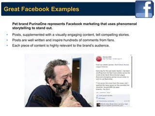 Great Facebook Examples 
Pet brand PurinaOne represents Facebook marketing that uses phenomenal storytelling to stand out. 
•Posts, supplemented with a visually engaging content, tell compelling stories. 
•Posts are well written and inspire hundreds of comments from fans. 
•Each piece of content is highly relevant to the brand’s audience.  