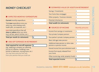 MONEY CHECKLIST                                                  ESTIMATED VALUE OF ASSETS IN RETIREMENT




                                                                                                                         THINGS TO CONSIDER
                                                             Savings / Investments                     £
                                                             Your home (less mortgage)                 £
    EXPECTED MONTHLY EXPENDITURE                             Other property / business interests       £
Current monthly expenditure               £                  Potential inheritances                    £
Total new expenditure once you            £                  Total wealth (in retirement)              £
retire (e.g. extra heating costs,
health plan, car expenses, etc.)                                 SOURCES OF INCOME                     Monthly amounts
Less total expenditure that will          £
                                                             Income from savings or investments        £
stop or reduce when you retire
(e.g. rail fare, petrol, lunches, etc.)                      Your private/company pension              £
Total per month (in retirement)           £                  Your partner’s private/company pension £
                                                             Basic (old age) state pension             £
    ONE-OFF EXPENSES IN RETIREMENT
                                                             Additional state pension or other state   £
Total required for one-off expenses £                        pension or pension income
(eg. replacing a company car, planning
                                                             Earned income from post-retirement work £
the trip of a lifetime, installing a new
kitchen or bathroom, moving home, etc.)                      Income from equity released from          £
You may have some tax-free cash                              your home
from your pension that you could use
                                                             Other income (eg. rental, property/trusts) £
                                                             Total expected income                     £



                                              PRUDENTIAL ANNUITIES   0845 073 4000 www.pru.co.uk/annuities                   13
 