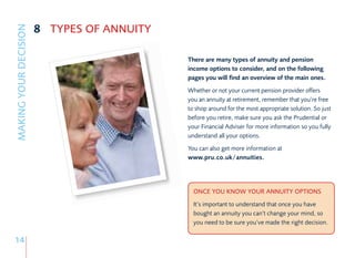 8 TYPES OF ANNUITY
MAKING YOUR DECISION


                                            There are many types of annuity and pension
                                            income options to consider, and on the following
                                            pages you will find an overview of the main ones.
                                            Whether or not your current pension provider offers
                                            you an annuity at retirement, remember that you’re free
                                            to shop around for the most appropriate solution. So just
                                            before you retire, make sure you ask the Prudential or
                                            your Financial Adviser for more information so you fully
                                            understand all your options.
                                            You can also get more information at
                                            www.pru.co.uk/annuities.




                                              ONCE YOU KNOW YOUR ANNUITY OPTIONS
                                              It’s important to understand that once you have
                                              bought an annuity you can’t change your mind, so
                                              you need to be sure you’ve made the right decision.

14
 
