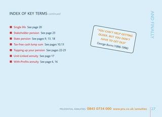 AND FINALLY
INDEX OF KEY TERMS          continued



 Single life See page 20
                                                                    “YOU C
 Stakeholder pension See page 23                                           AN’T H
                                                                     OLDER        ELP GE
                                                                           , BUT Y       TTING
 State pension See pages 9, 13, 18                                                OU DO
                                                                       HAVE               N’T
                                                                             TO GET
                                                                    Ge              OLD”
 Tax-free cash lump sum See pages 10,13                               orge Bu
                                                                             rns (189
                                                                                     6-1996)
 Topping up your pension See pages 22-23
 Unit-Linked annuity See page 17
 With-Profits annuity See page 6, 16




                                       PRUDENTIAL ANNUITIES   0845 0734 000 www.pru.co.uk/annuities     27
 