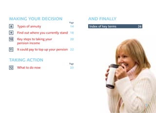 MAKING YOUR DECISION                           AND FINALLY
                                        Page
8    Types of annuity                   14     Index of key terms   26

9    Find out where you currently stand 18
10   Key steps to taking your           20
     pension income
11   It could pay to top up your pension 22


TAKING ACTION
                                        Page
12   What to do now                     25




                                                                         5
 