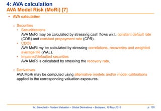 M. Bianchetti - Prudent Valuation – Global Derivatives – Budapest, 10 May 2016 p. 135
 AVA calculation
o Securities
• Securitizations
AVA MoRi may be calculated by stressing cash flows w.r.t. constant default rate
(CDR) and constant prepayment rate (CPR).
• CDOs
AVA MoRi my be calculated by stressing correlations, recoveries and weighted
average life (WAL).
• Impaired/defaulted securities
AVA MoRi is calculated by stressing the recovery rate.
o Derivatives
AVA MoRi may be computed using alternative models and/or model calibrations
applied to the corresponding valuation exposures.
4: AVA calculation
AVA Model Risk (MoRi) [7]
 