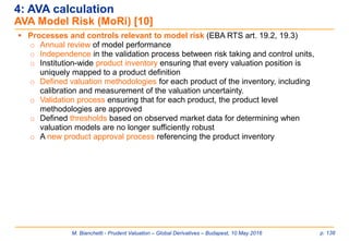 M. Bianchetti - Prudent Valuation – Global Derivatives – Budapest, 10 May 2016 p. 138
 Processes and controls relevant to model risk (EBA RTS art. 19.2, 19.3)
o Annual review of model performance
o Independence in the validation process between risk taking and control units,
o Institution-wide product inventory ensuring that every valuation position is
uniquely mapped to a product definition
o Defined valuation methodologies for each product of the inventory, including
calibration and measurement of the valuation uncertainty.
o Validation process ensuring that for each product, the product level
methodologies are approved
o Defined thresholds based on observed market data for determining when
valuation models are no longer sufficiently robust
o A new product approval process referencing the product inventory
4: AVA calculation
AVA Model Risk (MoRi) [10]
 