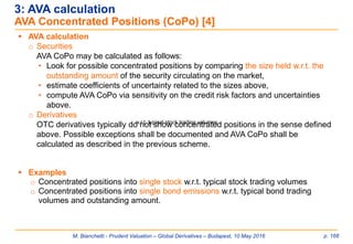 M. Bianchetti - Prudent Valuation – Global Derivatives – Budapest, 10 May 2016 p. 168
 AVA calculation
o Securities
AVA CoPo may be calculated as follows:
• Look for possible concentrated positions by comparing the size held w.r.t. the
outstanding amount of the security circulating on the market,
• estimate coefficients of uncertainty related to the sizes above,
• compute AVA CoPo via sensitivity on the credit risk factors and uncertainties
above.
o Derivatives
OTC derivatives typically do not show concentrated positions in the sense defined
above. Possible exceptions shall be documented and AVA CoPo shall be
calculated as described in the previous scheme.
 Examples
o Concentrated positions into single stock w.r.t. typical stock trading volumes
o Concentrated positions into single bond emissions w.r.t. typical bond trading
volumes and outstanding amount.
3: AVA calculation
AVA Concentrated Positions (CoPo) [4]
w.r.t. typical stock trading volumes
 