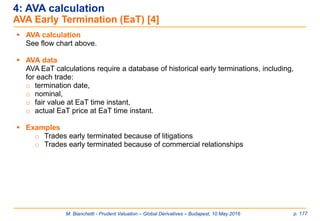M. Bianchetti - Prudent Valuation – Global Derivatives – Budapest, 10 May 2016 p. 177
4: AVA calculation
AVA Early Termination (EaT) [4]
 AVA calculation
See flow chart above.
 AVA data
AVA EaT calculations require a database of historical early terminations, including,
for each trade:
o termination date,
o nominal,
o fair value at EaT time instant,
o actual EaT price at EaT time instant.
 Examples
o Trades early terminated because of litigations
o Trades early terminated because of commercial relationships
 
