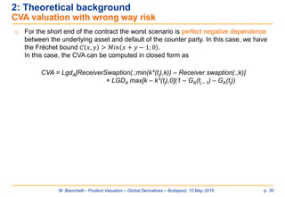 M. Bianchetti - Prudent Valuation – Global Derivatives – Budapest, 10 May 2016 p. 30
2: Theoretical background
CVA valuation with wrong way risk
o For the short end of the contract the worst scenario is perfect negative dependence
between the underlying asset and default of the counter party. In this case, we have
the Fréchet bound 𝒞 𝑥, 𝑦 > 𝑀𝑖𝑛 𝑥 + 𝑦 − 1; 0 .
In this case, the CVA can be computed in closed form as
CVA = LgdA[ReceiverSwaption(.;min(k*(tj),k)) – Receiver swaption(.;k)]
+ LGDA max[k – k*(tj),0](1 – GA(tj – 1) – GA(tj))
 