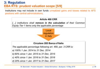 M. Bianchetti - Prudent Valuation – Global Derivatives – Budapest, 10 May 2016 p. 56
3: Regulation
EBA RTS: prudent valuation scope [5/9]
Institutions may not include in own funds unrealized gains and losses related to AFS
positions with central administrations.
Circolare 285 Banca d’Italia
The applicable percentage following art. 468, par. 3 CRR is:
a) 100% 1 Jan. 2014 to 31 Dec. 2014
b) 60% since 1 Jan. 2015 to 31 Dec. 2015
c) 40% since 1 Jan. 2016 to 31 Dec. 2016
d) 20% since 1 Jan. 2017 to 31 Dec. 2017
Article 468 CRR
[…] institutions shall remove in the calculation of their Common
Equity Tier 1 items only the applicable percentage
Local
regulation
in Italy
 