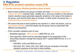 M. Bianchetti - Prudent Valuation – Global Derivatives – Budapest, 10 May 2016 p. 58
3: Regulation
EBA RTS: prudent valuation scope [7/9]
2. Exactly matching, offsetting positions (back to back)
o Back to back positions are groups of trades with total null valuation exposure to
market risk factors (interest rates, volatility, etc.), since any variation in the relevant
market valuation inputs generates opposite variations in the value of the trades in
the group, such that the total value is constant. In other words, the group has null
total sensitivity to market risk factors.
o We stress that back to back positions are neutral w.r.t. other risk factors, such as
counterparty defaults, since the trades into the group may be subscribed with
different counterparties.
o From a prudent valuation point of view:
• Simplified approach: 100% exclusion (EBA RTS art. 4.2)
• Core approach: AVAs must be calculated based on the proportion of the
accounting valuation change that impacts CET1 capital (EBA RTS art. 8.1). In
practice:
• AVA MPU, CoCo and MoRi are null,
• AVA UCS, IFC, CoPo, FAC, EaT, OpR must be computed on the total
valuation exposure of the back to back portfolio.
 
