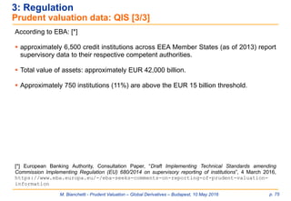 M. Bianchetti - Prudent Valuation – Global Derivatives – Budapest, 10 May 2016 p. 75
According to EBA: [*]
 approximately 6,500 credit institutions across EEA Member States (as of 2013) report
supervisory data to their respective competent authorities.
 Total value of assets: approximately EUR 42,000 billion.
 Approximately 750 institutions (11%) are above the EUR 15 billion threshold.
[*] European Banking Authority, Consultation Paper, “Draft Implementing Technical Standards amending
Commission Implementing Regulation (EU) 680/2014 on supervisory reporting of institutions”, 4 March 2016,
https://www.eba.europa.eu/-/eba-seeks-comments-on-reporting-of-prudent-valuation-
information
3: Regulation
Prudent valuation data: QIS [3/3]
 