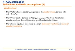 M. Bianchetti - Prudent Valuation – Global Derivatives – Budapest, 10 May 2016 p. 89
4: AVA calculation
Definitions and basic assumptions [6]
Valuation input
 The FV of a valuation position 𝑝𝑖 depends on its valuation inputs, denoted with
𝑢𝑗, 𝑗 = 1, … , 𝑁 𝑢,
 The FV may be also denoted as 𝐹𝑉(𝑡, 𝑝𝑖, 𝑢1, … , 𝑢 𝑁 𝑢
). We stress that different
valuation positions depend, in general, on different valuation inputs.
 The valuation input 𝑢𝑗 is associated to a single elementary risk factor, or source of
valuation uncertainty.
 
