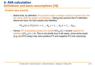 M. Bianchetti - Prudent Valuation – Global Derivatives – Budapest, 10 May 2016 p. 93
4: AVA calculation
Definitions and basic assumptions [10]
Prudent value (cont’d)
o Notice that, by definition, the prudent value is always equal to or lower than the
fair value, both for assets and liabilities. Taking into account the FV definition
above we have, for both assets and liabilities,
𝑃𝑉𝑖𝑗𝑘 𝑡 ≤ 𝐹𝑉𝑖 𝑡 ∀ 𝑖 = 1, … , 𝑁 𝑝, 𝑗 = 1, … , 𝑁 𝑢, 𝑘 = 1, … , 𝑁𝐴𝑉𝐴
o Hence, PV is generally positive for assets (𝑃𝑉𝑖𝑗𝑘 𝑡 > 0) and negative for
liabilities (𝑃𝑉𝑖𝑗𝑘 𝑡 < 0). This is not strictly true in all cases, since some asset
(e.g. an OTC swap) may have positive FV and negative PV (not viceversa).
 
